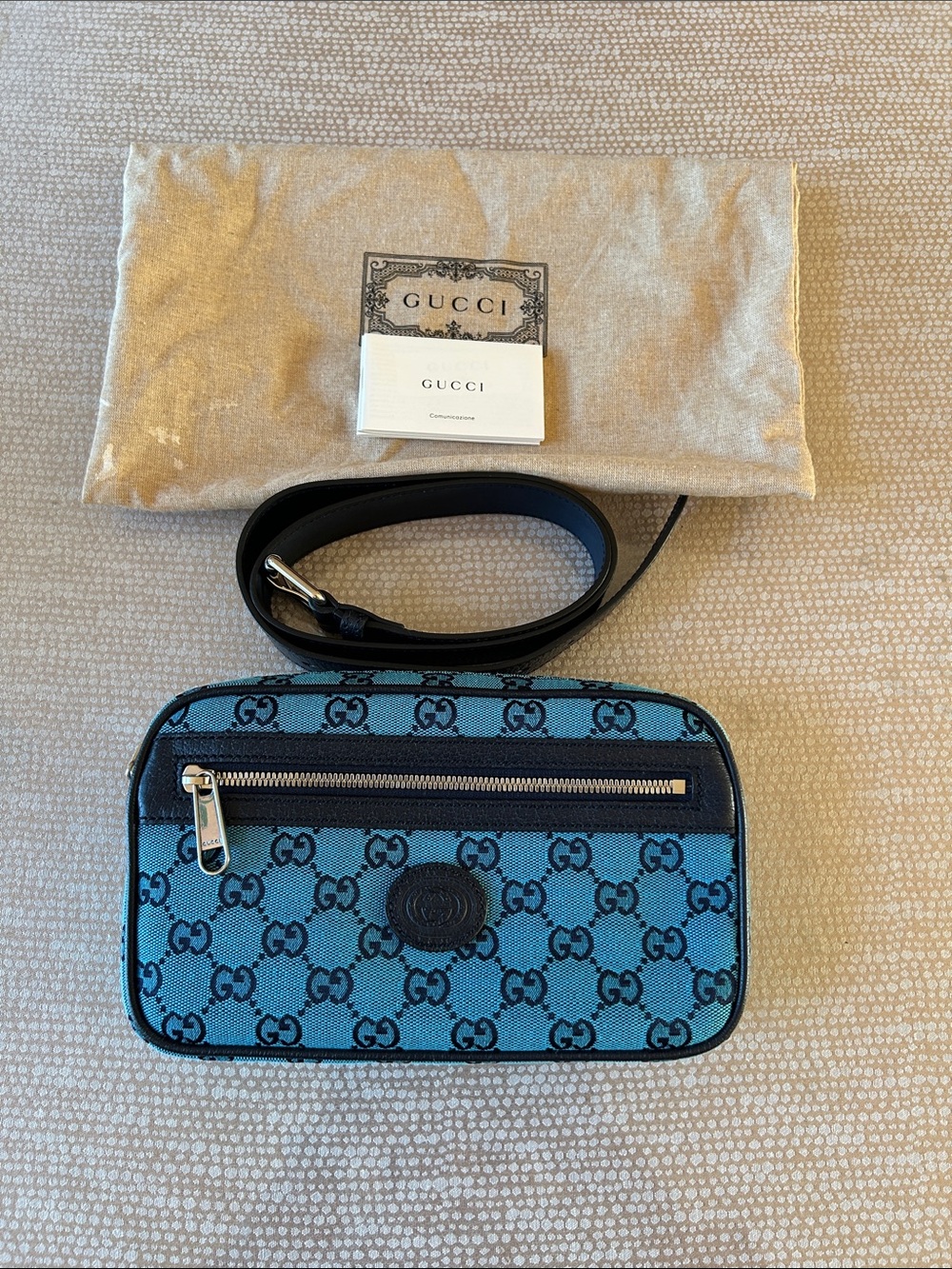 Gucci blue monogram belt bag